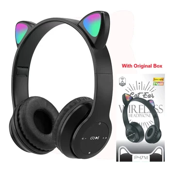 Bežične slušalice P47M s bljeskalicom, slatka mačka uši s mikrofonom, led стереомузыкальный kaciga, telefon, Bluetooth slušalica na poklon.