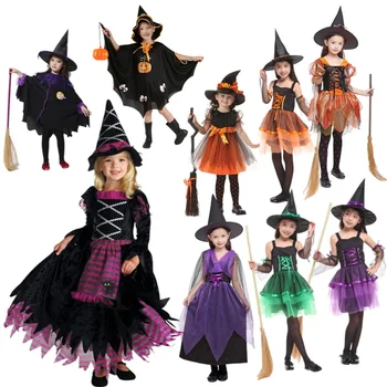 Kostim Vještice za косплея na Halloween, haljina za djevojčice, dječje kostime, Karnevalska odjeća, haljine iz 2 predmeta, šešir, odjeću za djevojčice od 2 do 12 godina